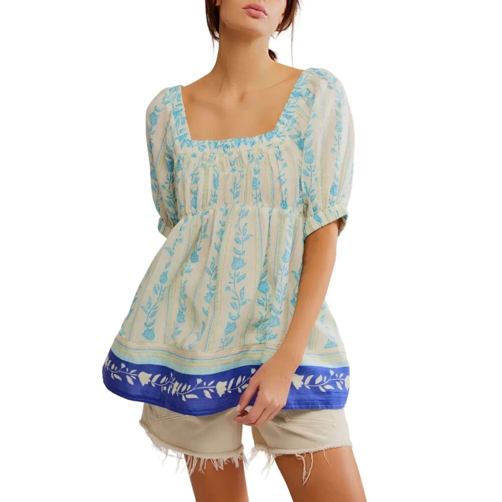 Free People Santorini Print Embroidered Puff Sleeve Tunic Boho Cottagecore Top S